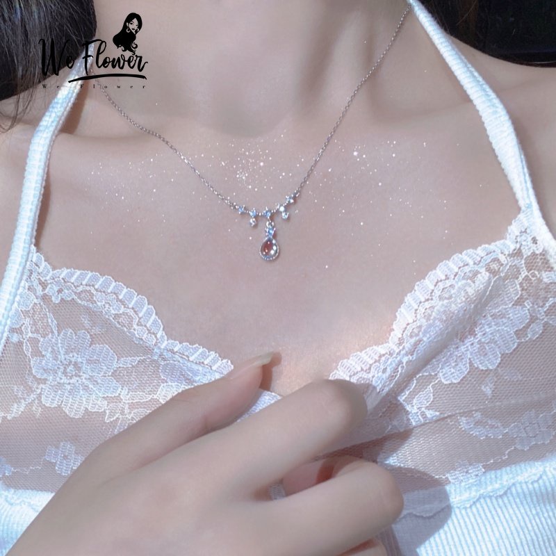 Kami Bunga Elegan Bersinar Berlian Imitasi Tetesan Air Liontin Kalung Untuk Wanita Gadis Korea Berkilau Kecantikan Air Mata Pesona Kalung Untuk Pacar Fashion Tulang Selangka Rantai Perhiasan
