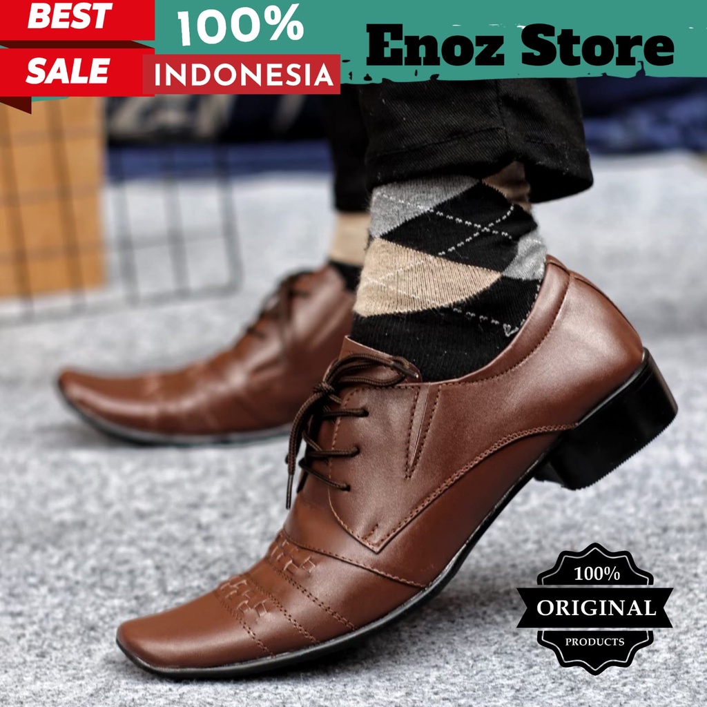 Sepatu Formal Kerja Kantoran Kondangan Pria Kulit Asli Original Model Tali Coklat Keren Trendy Premium Excellent