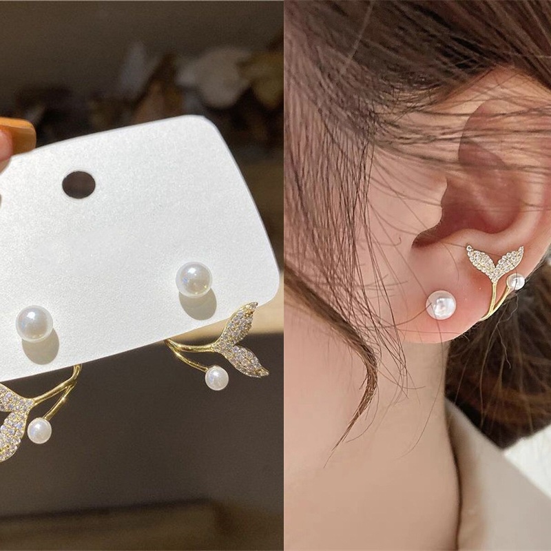 Korea Baru Mewah Zirkon Fishtail Pearl Stud Earrings Untuk Wanita Fashion Kristal Imitasi Mutiara Manis Anting-Anting Gadis Perhiasan