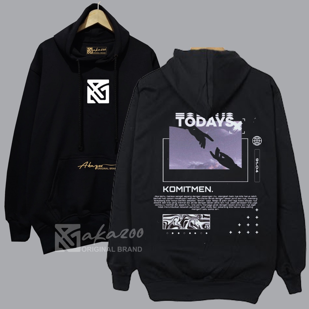 switer cowok distro keren akazoo warna hitam TODAYS KOMITMEN gambar blakang sablon saku gold hoodie kekinian terlaris 2023