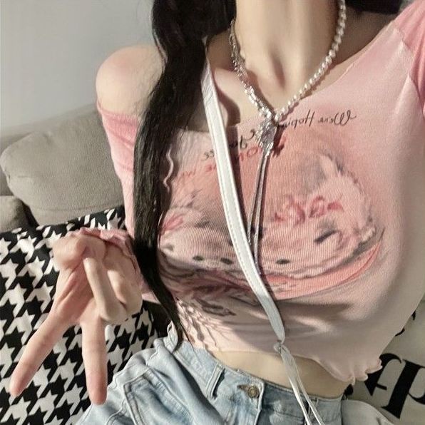 Red Manis dan Pedas One-Shoulder Cat Print T-shirt Wanita Splicing Warna Kontras Telinga Kayu Pendek Lengan Panjang Ketat bottoming Atasan Kemeja