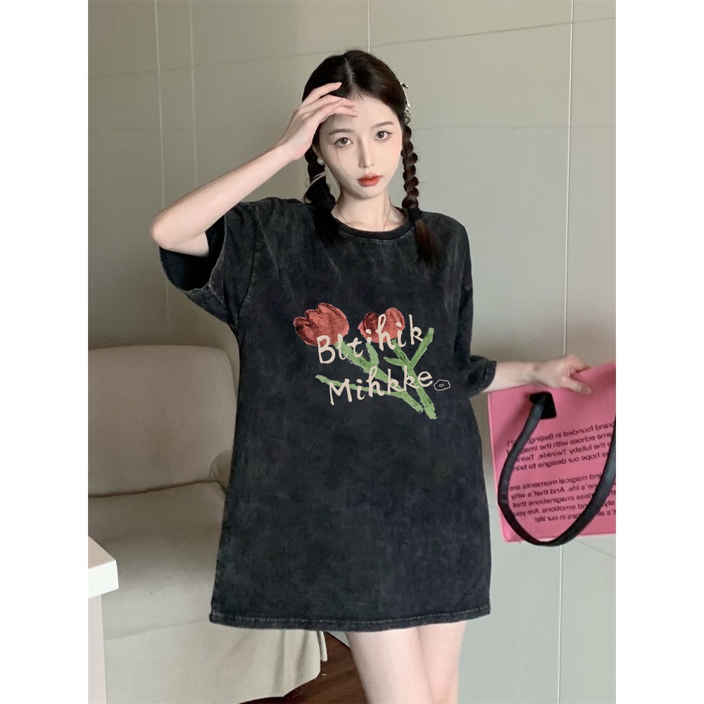 XIAOZHAINV Korean Style Tulip Pattern Washed Printing Kaos Wanita