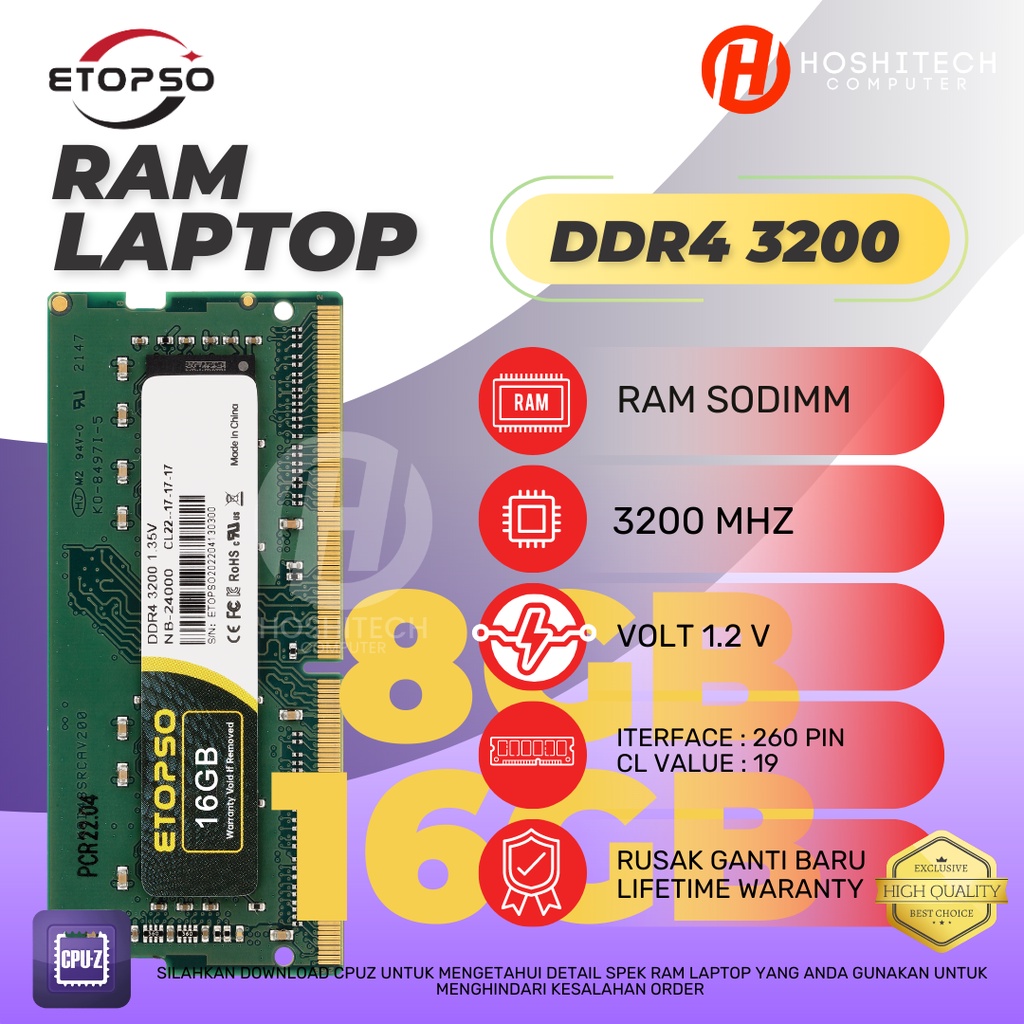 RAM LAPTOP DDR4 16GB 8GB ETOPSO SODIMM 3200 MHZ 1.2V LIFETIME