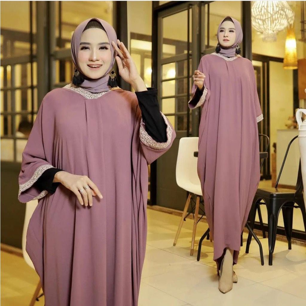 Prily Kaftan Baju Wanita Gamis Kekinian Bahan Crinkle AirFlow Aksen Renda Gamis Jumbo Ld130 cm Gaun Pesta Muslimah