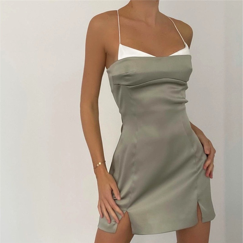 [Premium]Mini Dress Sleeveless Slit Hem Low Cut High Waist One Piece 7520 [S/M/L]