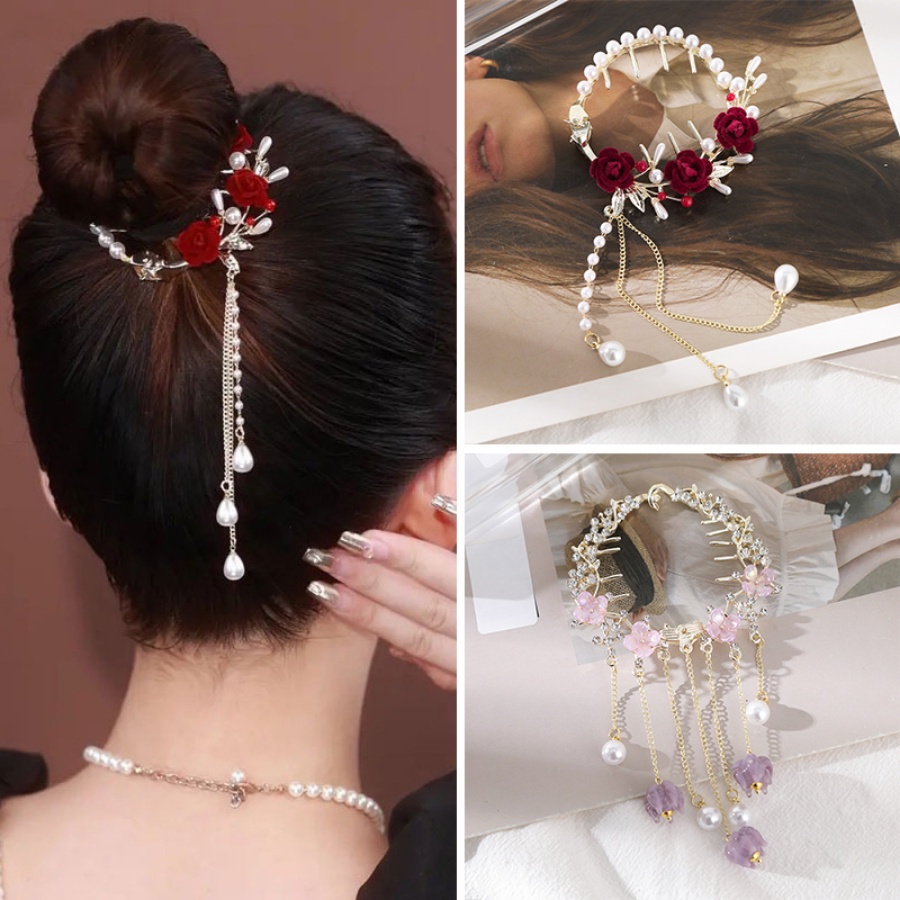 Korea Logam Mutiara Berlian Imitasi Rumbai Jepit Rambut Bunga Kupu-Kupu Kristal Ponytail Clip Woman Aksesoris Rambut