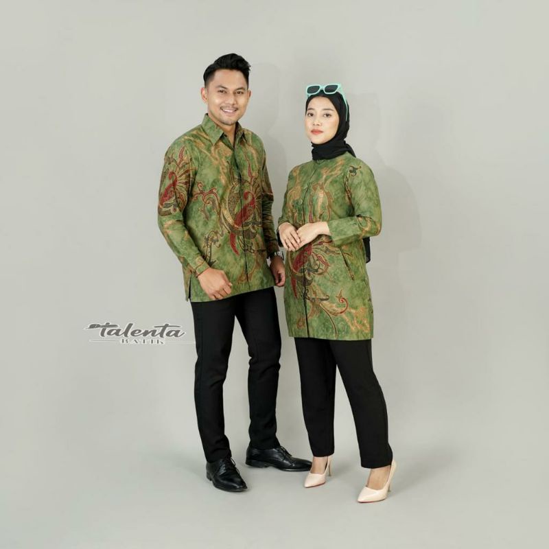 Batik couple sarimbit pria &amp; wanita batik bahan katun reguler abstrak hijau