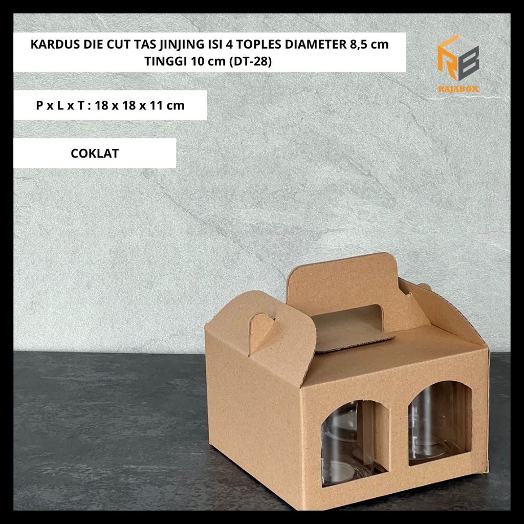 

DT-28 Kardus Die Cut Tas Jinjing Isi 4 Toples Tabung 500ml (Ukuran Toples Diameter 8cm Tinggi 10cm) Amaris Packaging