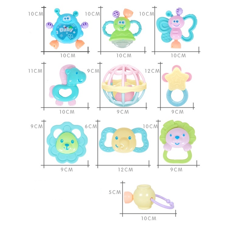 Baby Teether Rattle 10pcs Teething Kit Mainan Gigitan Bayi Silikon PP Gigitan Bayi Teether Mainan Bayi WJ02