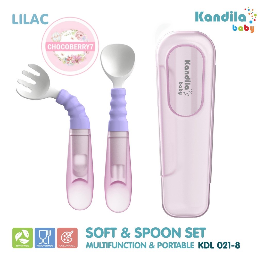 KANDILA KDL021-8-FORK &amp; SPOON SET - Sendok Garpu Lentur Suction Twisting Spoon Lilac Blue Sendok Makan Bayi