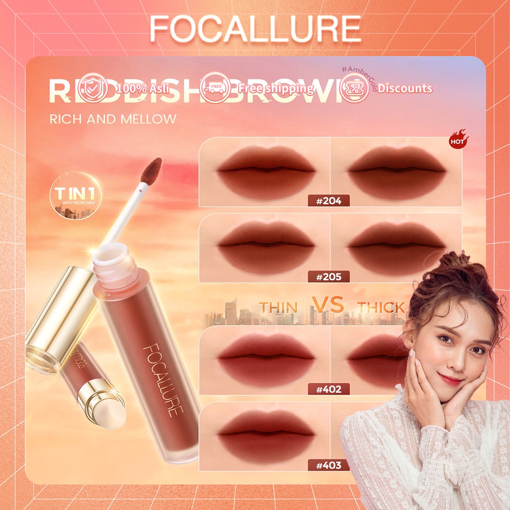 FOCALLURE AmberGold Velvet Matte Lip Clay 2 In 1 Multi-use Sponge Lip Brush Untuk Bibir FA210