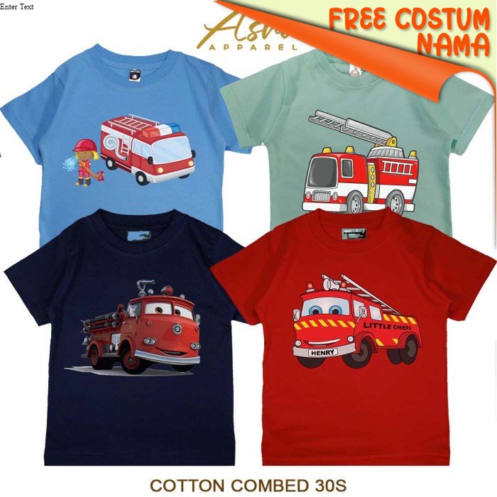 Atasan Anak Laki Laki Baju Kaos Cotton Combed Truck Permadam Kebakaran - Merah Cabe, M