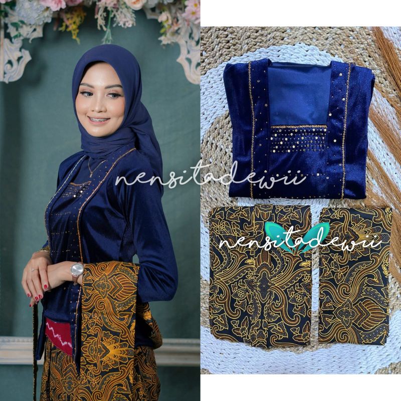 [1 Set] Kebaya Payet, Jarik Instan + Selendang Jarik / DN03B, Model Ajeng ~ Nuansa Navy