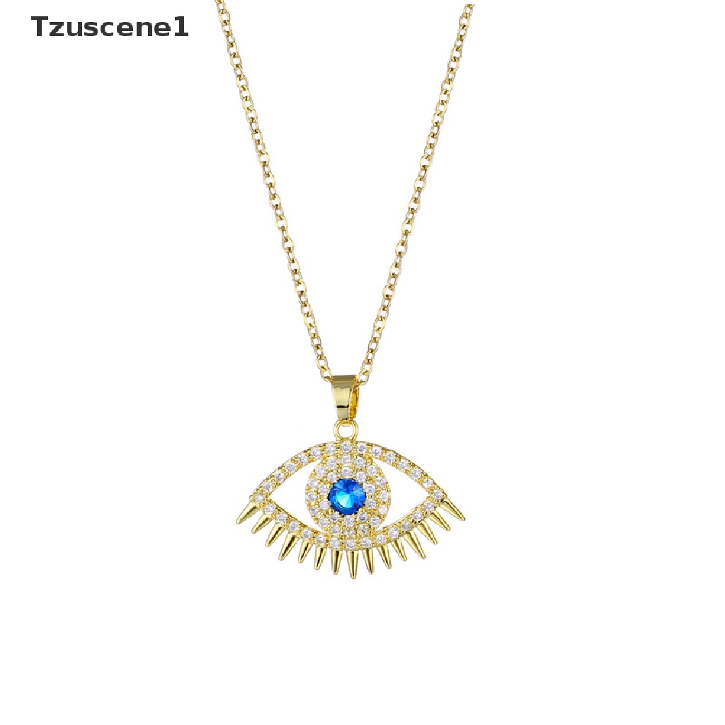 [Tzuscene1] Evil Eye Charm Pendant Lapis Emas Asli 18K Cubic Zirconia Perhiasan Kalung Butik