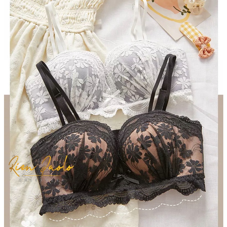 Premium Bra BH + Celana Dalam CD G String Set Sexy Hot Lingerie Tanpa Kawat Motif Bordir Bunga Trans