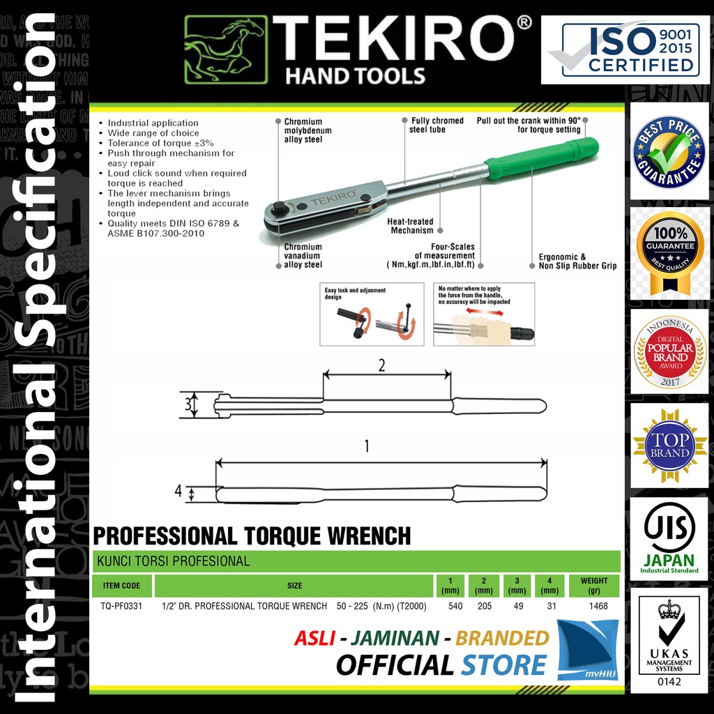 Kunci Torsi 1/2&quot; inch 50 ~ 225 N.m Professional Gagang Momen - Changeable Pro Torque Wrench TEKIRO