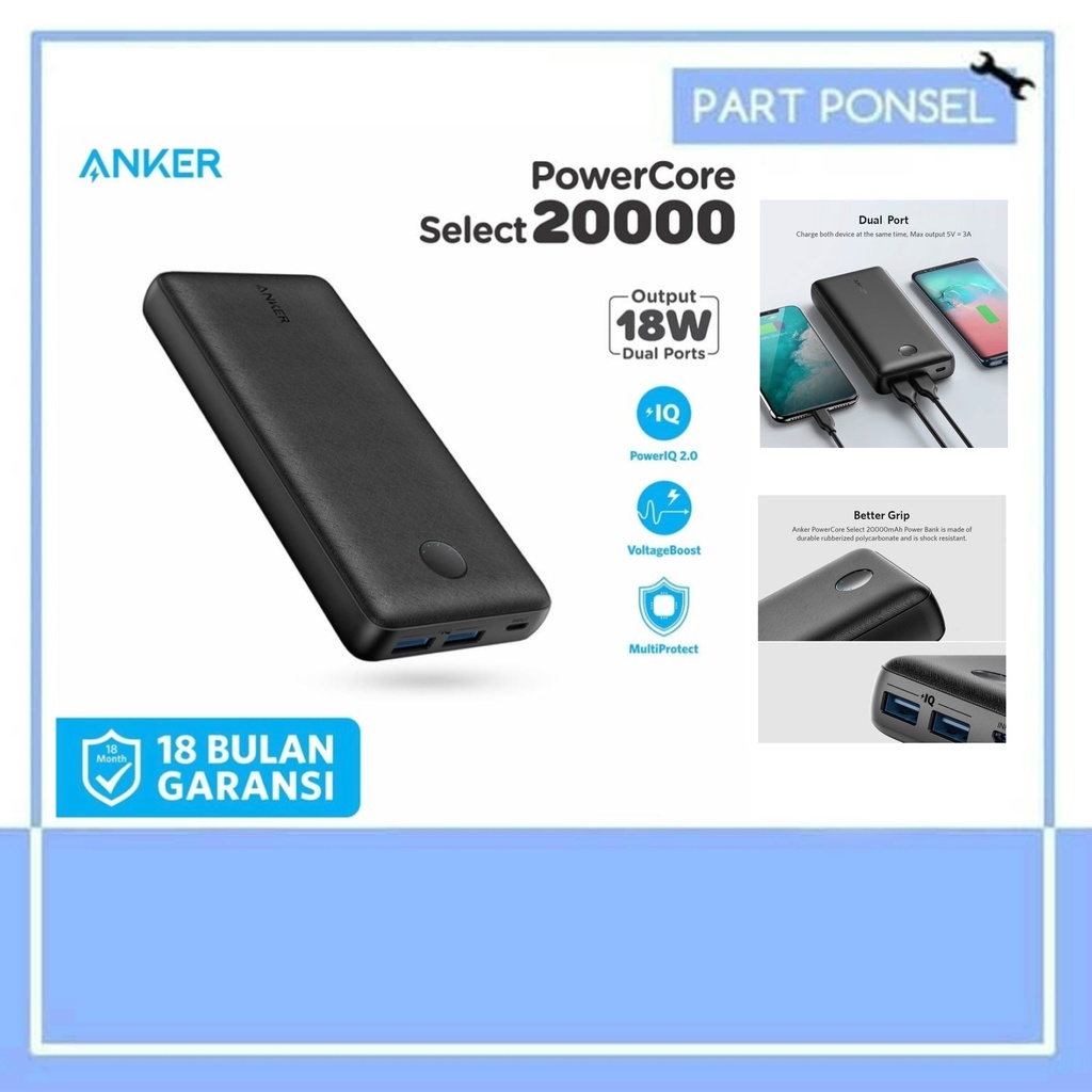 Anker Powerbank Powercore Select 20000mAh 18W Dual Port USB A A1363 fastcharger fastcharging power b