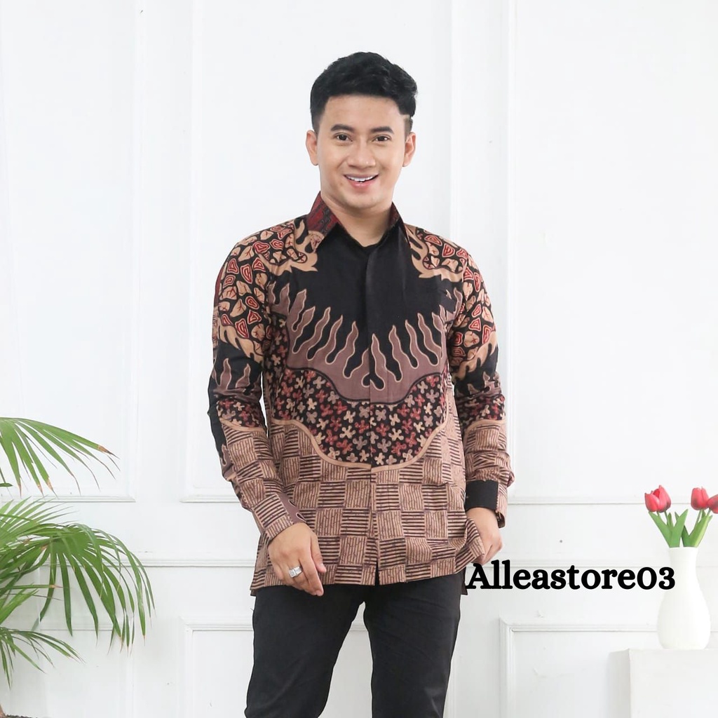 Kemeja Batik Pria Lengan Panjang Formal/Casual Motif Hitam Coklat Modern Premium Kemeja Terbaru Terlaris