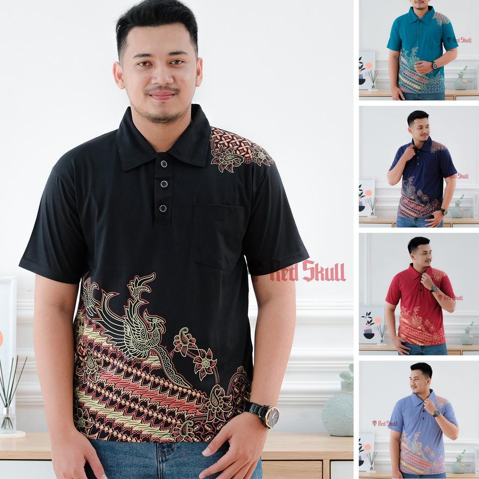 VIRAL RED SKULL Kaos Kerah Polo Katun Batik Burung Batik Solo Ada Kantong