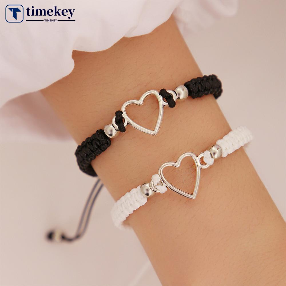 Timekey Kreatif Pasangan Hitam Dan Putih Gelang Berongga Cinta Rajut Gelang Adjustable Pasangan Gelang Wanita Pria Perhiasan J4K8