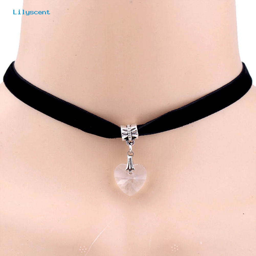 [LS] Wanita Gothic Hati Berlian Imitasi Liontin Beludru Choker Pendek Kalung Perhiasan Hadiah