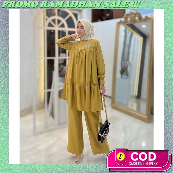 [ Bisa Cod ] Hanna Set 2In1 Bahan Crinkle Mix Tile Dot Setelan Wanita Kekinian Baju Setelan Viral Un