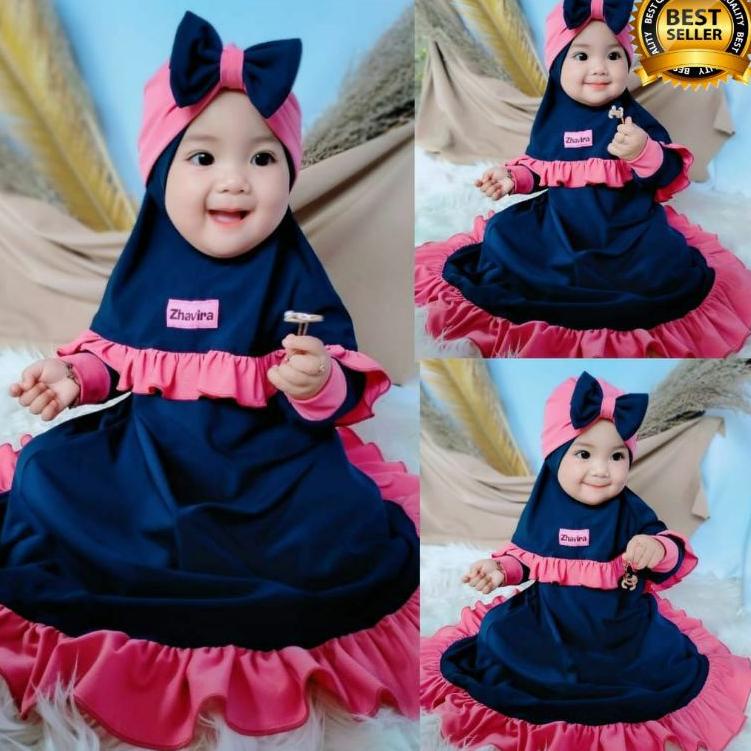 Hot Sale Gamis Bayi Anak Perempuan Rempel Set Jilbab Turban Zhavira Size NB NewBorn - 3 Tahun