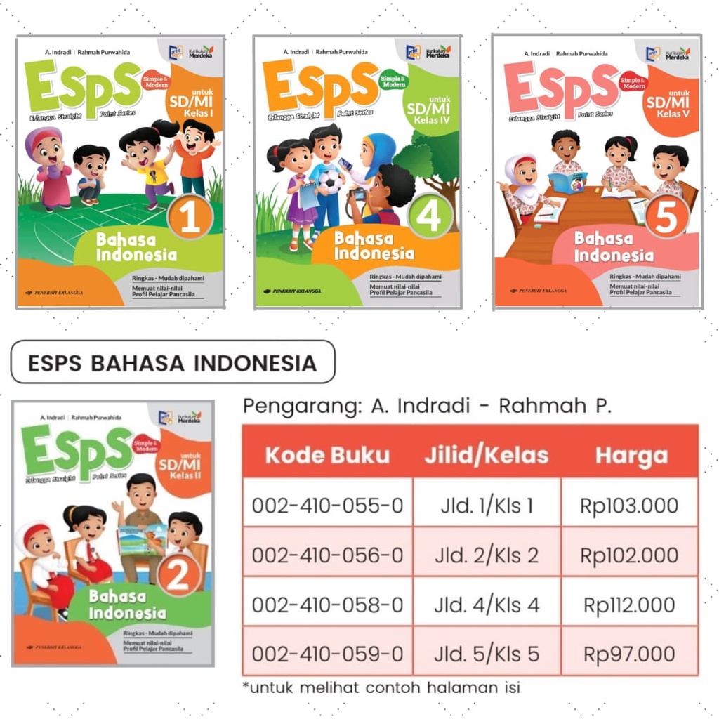 Buku Pelajaran Esps Bahasa Indonesia Kelas 1,2,4, &amp; 5 Kurikulum Merdeka Erlangga