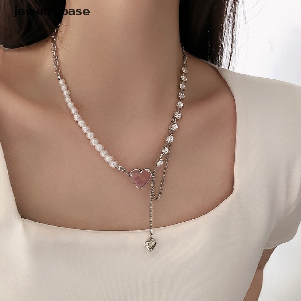 [jewelrybase] Trendi Merah Muda Kristal Jantung Liontin Kalung Heart Pearl Beads Chains Choker Necklace Untuk Wanita Kerah Aksesoris Butik