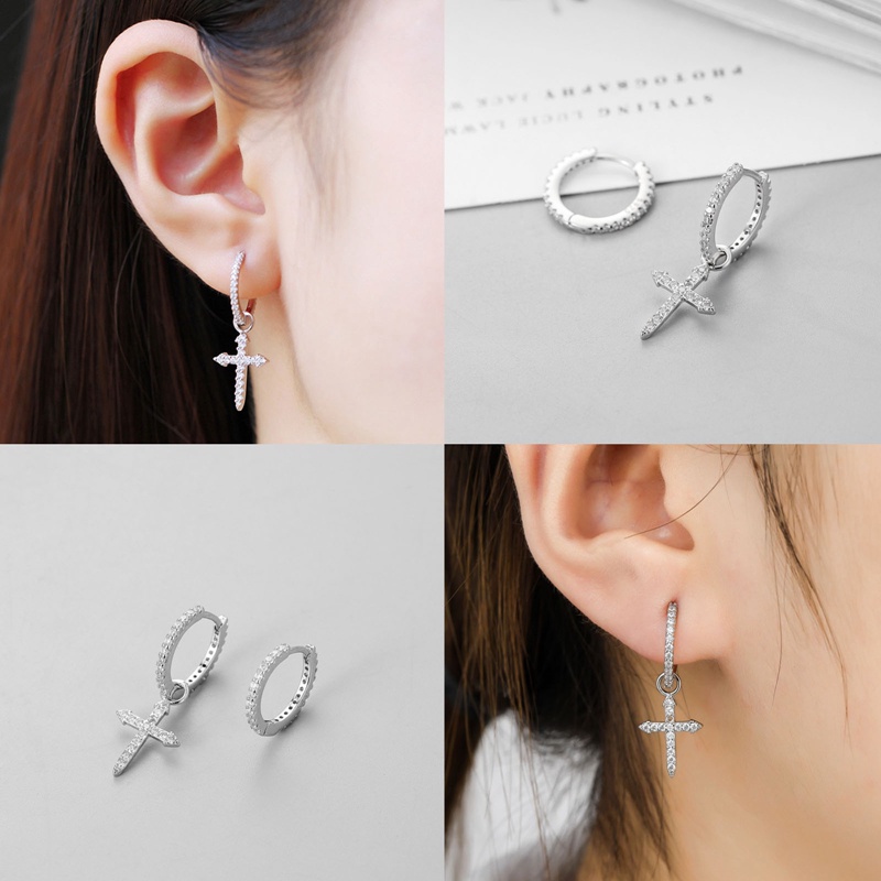 Mode Baru Mini Zirkon Cross Drop Pendant Hoop Earrings Punk Hip Hop Perempuan Tindik Menjuntai Anting Untuk Wanita Pria Perhiasan