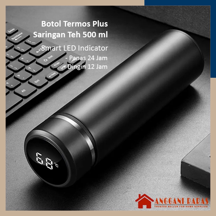 Botol Termos Botol Minum Termos Panas Dingin Tumbler Stainless dengan Saringan Teh LED Indicator Warna Hitam 500ml