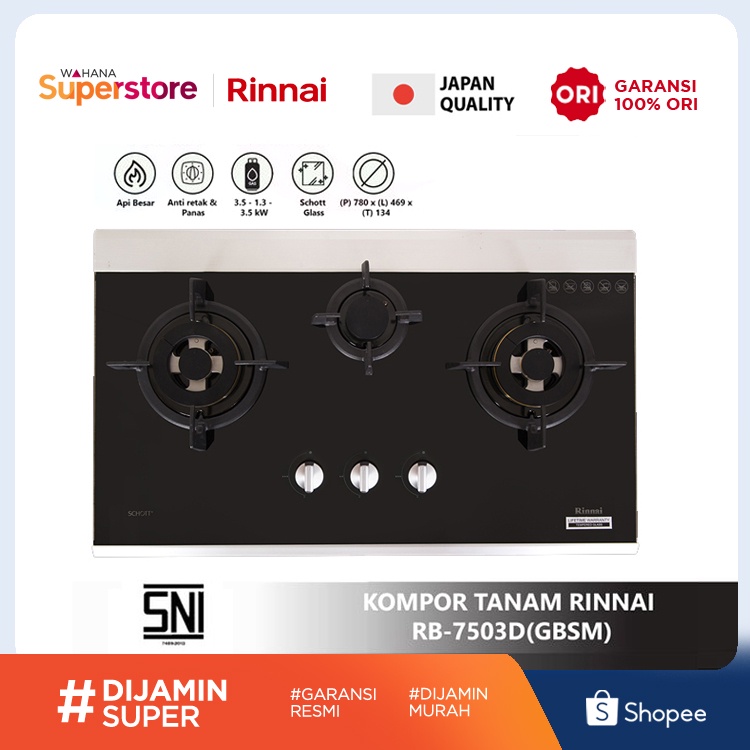 Rinnai Kompor Tanam Built In Hob Deluxe  3 Tungku - RB-7503D(GBSM) | RB-7503D (GBSM)