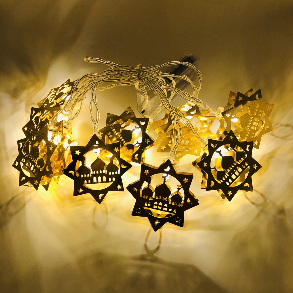 Castle Moon Star Gold Colour Lights Ramadhan Dekorasi Rumah 10LED Eid Mubarak Decor Perlengkapan Pesta Muslim Islami Lebaran Bulan Bintang Led String Light Iron Art Lampu String Led