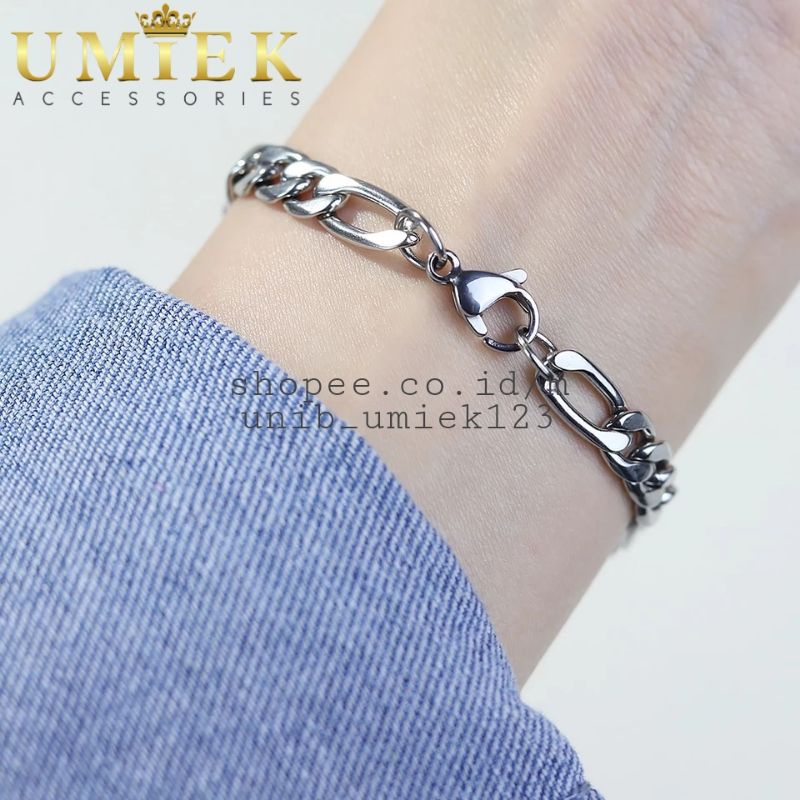 Gelang Pria Wanita Titanium Rantai pipih gepeng silver putih perak Rante asli cowok cewek anti karat