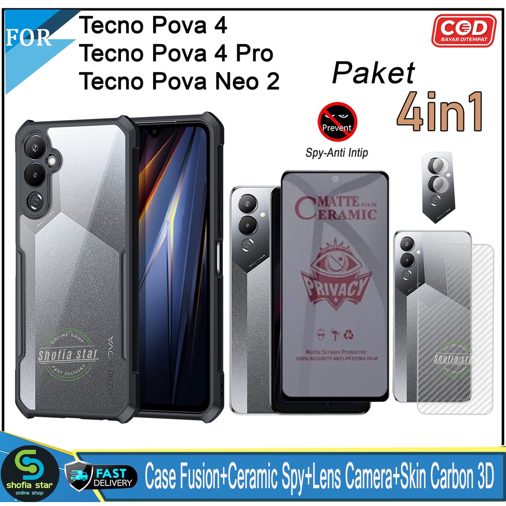 Paket 4in1 Case Tecno Pova 4 Pova 4 Pro Pova Neo 2 Pova 3 Pova 2 Softcase Fusion Shockproof Transparan Protect Casing