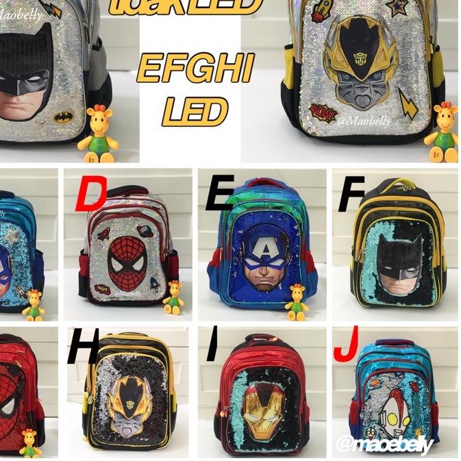♠ Tas Sekolah Anak Cowok / Tas Anak TK SD / Tas Sekolah Sequin Superhero LED  / Tas Spiderman Batman
