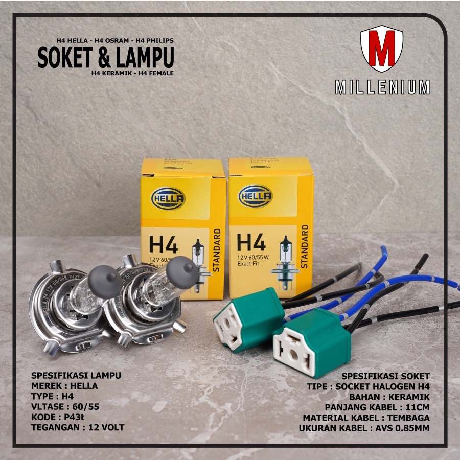 SOKET LAMPU H4 FEMALE DENGAN LAMPU H4 60/55W 12V PHILIPS HELLA OSRAM