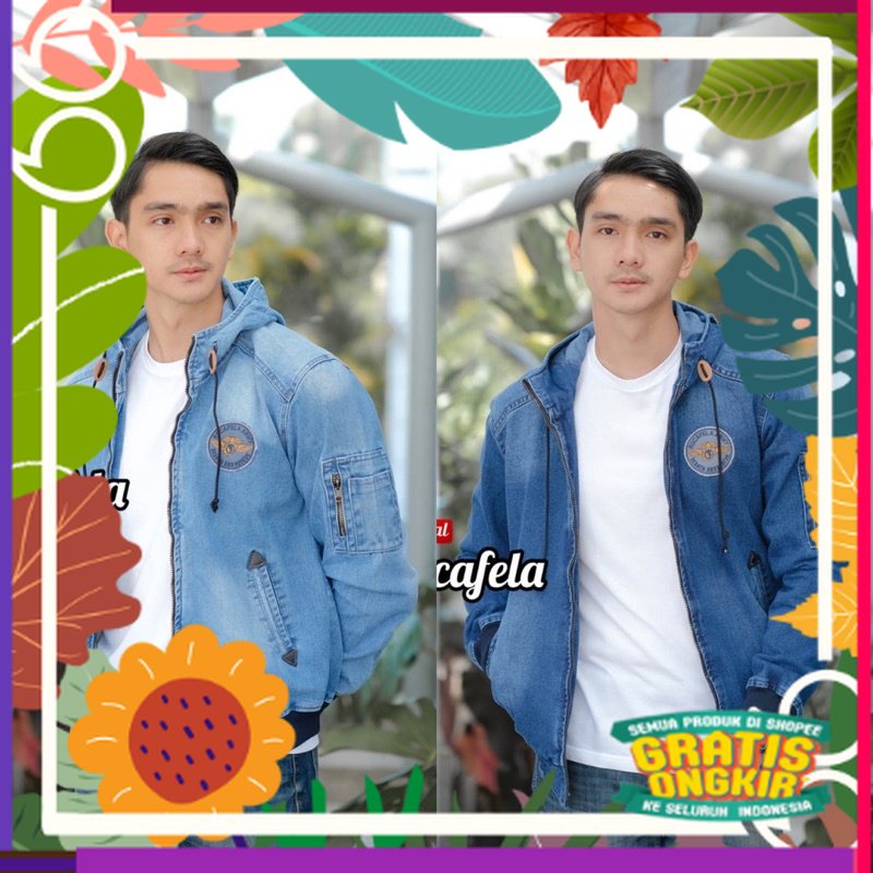 jaket bomber jeans bertudung Pria / fusia kuning
