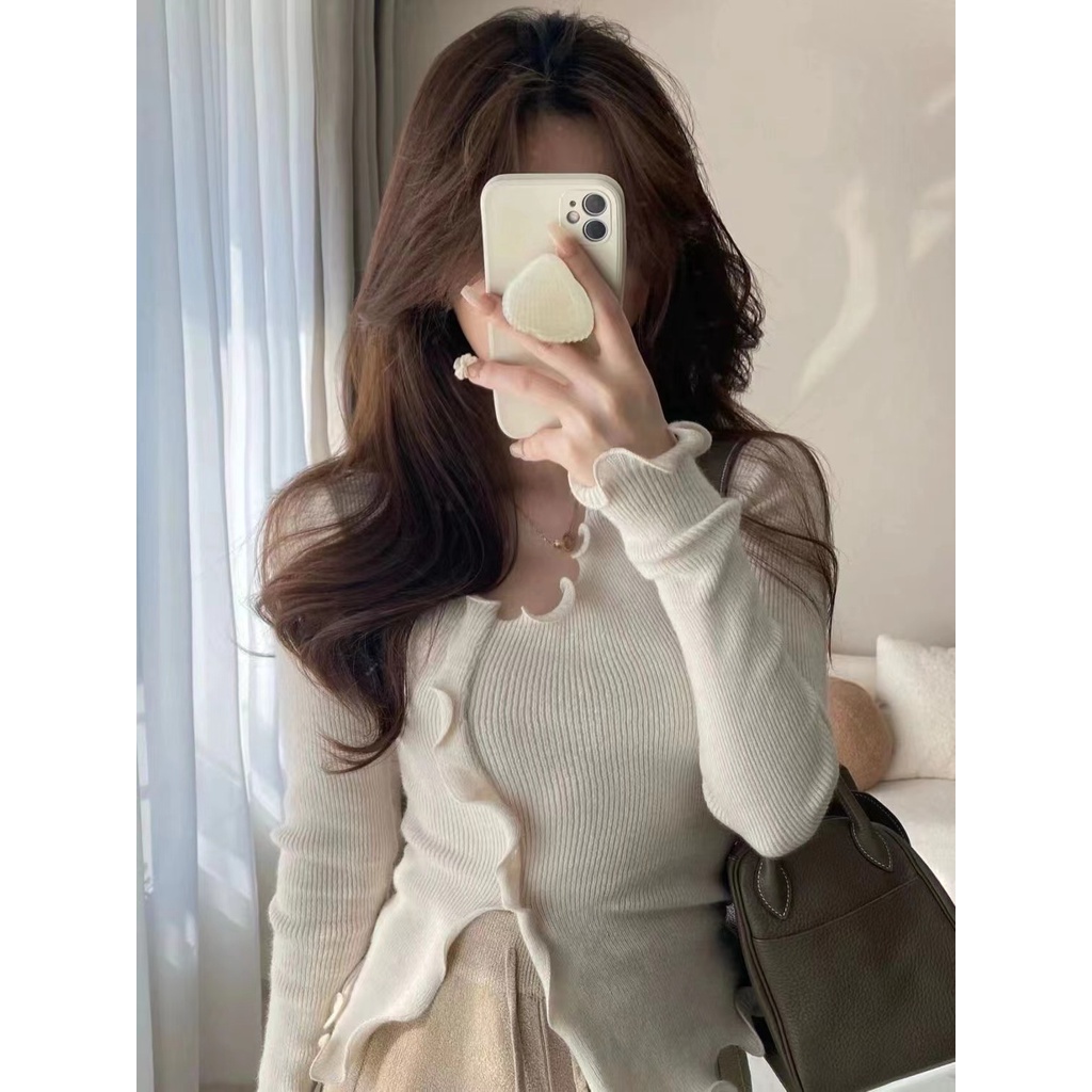 Korean Knit Top Wanita Lengan Panjang Kaos Rajut Polos