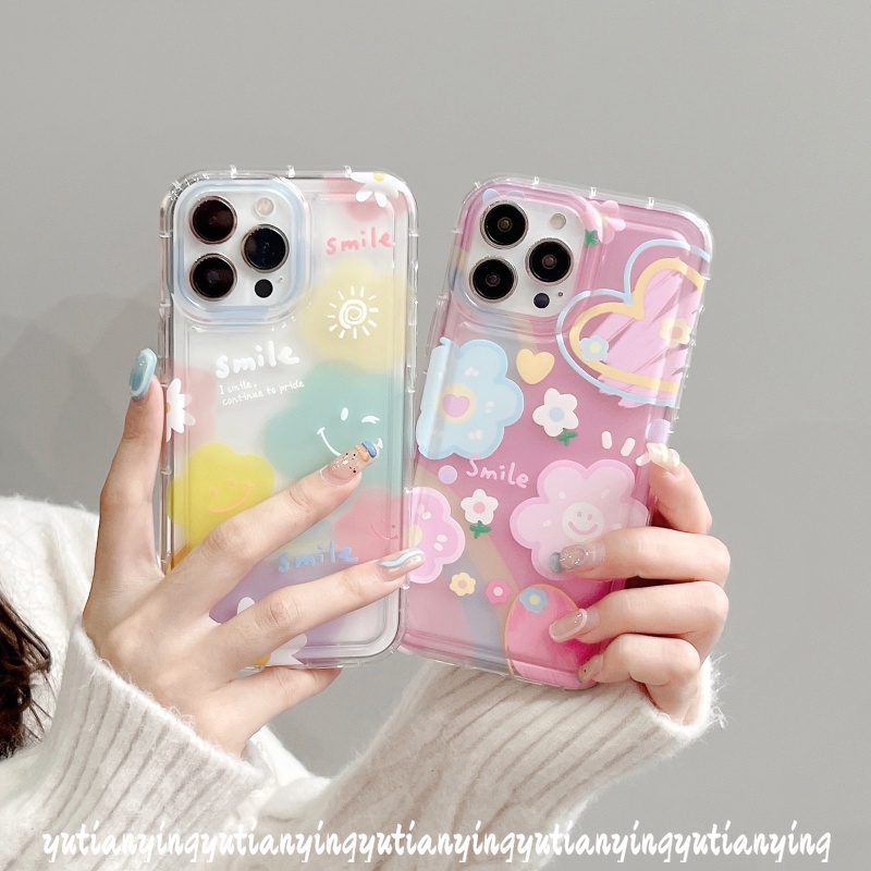 IPHONE Ins Korea Awan Cinta Hati Penutup Belakang Kompatibel Untuk Iphone11 7 8 6 6S Plus XR 14 13 12 Pro MAX X XS MAX Senyum Lucu Segar Cat Air Bunga Lembut TPU Shockproof Airbag Case