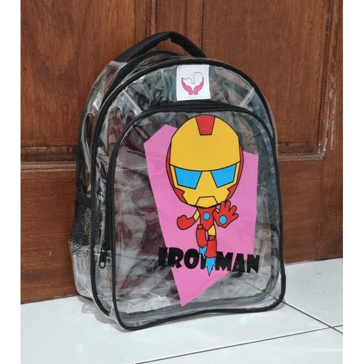 Hot Sale Tas Ransel Transparan PVC Karakter Iron-man Tas Sekolah TK,SD Anak Pria Wanita