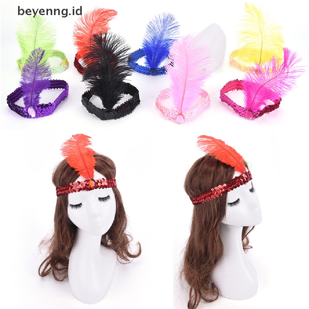 Beyen Bulu Flapper Payet Charleston Gaun Kostum Wanita Solid Multicolor HairBand ID