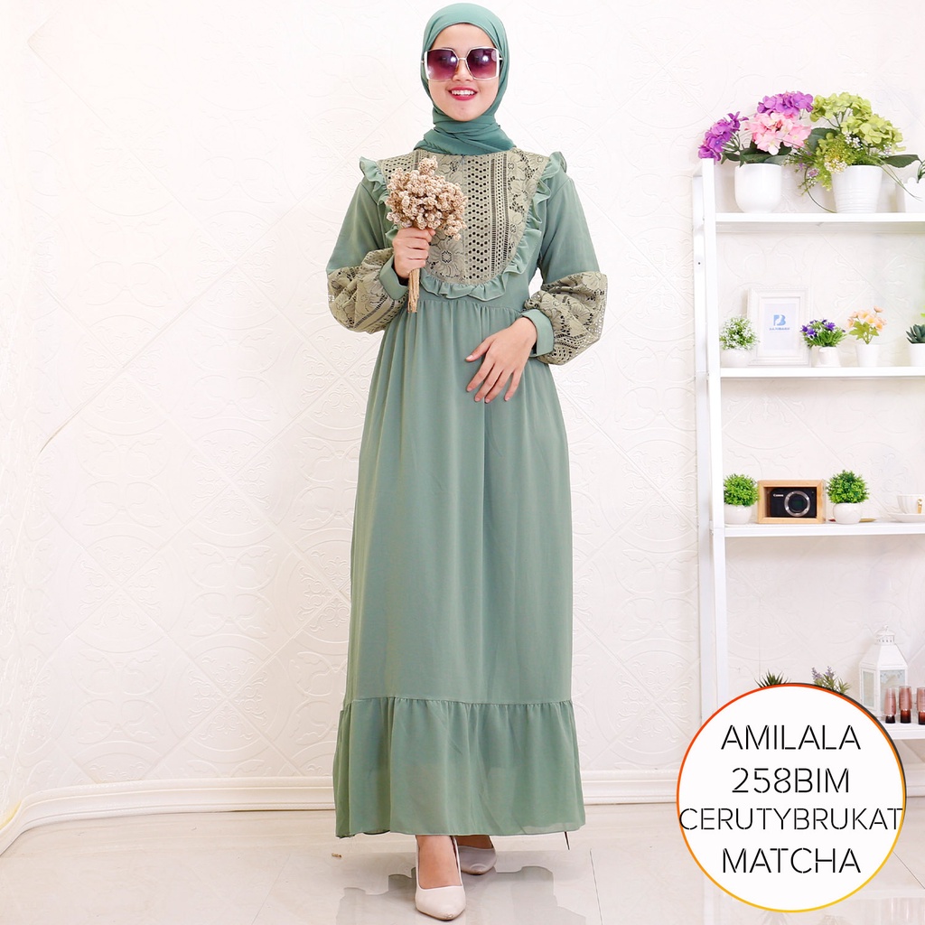 Gamis Busui Ceruty Brukat Ruffel Depan Lengan Balon Amilala D  2