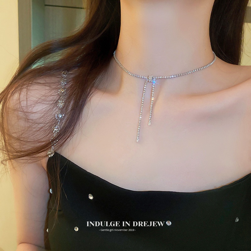 YEEZII Zircon Bow Kalung Untuk Wanita Kristal Perak Rantai Choker Aksesoris Perhiasan