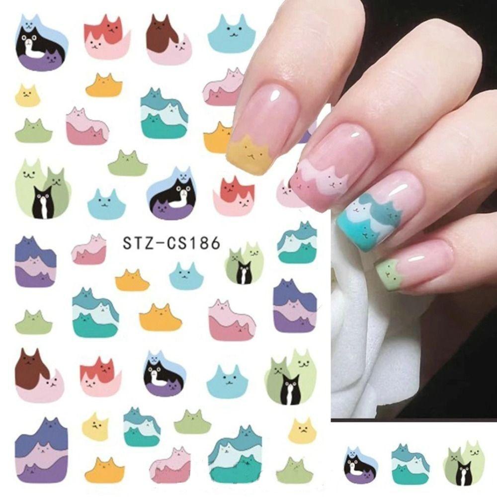 Agustina Stiker Kuku Hewan Indah Motif Warna-Warni Kecantikan Decals Kartun Kucing Decal