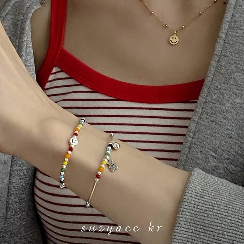 Korea Pelangi Smiley Bear Cinta Manik-Manik Gelang Ins Baru Niche Desain Manik Tangan Perhiasan Perempuan