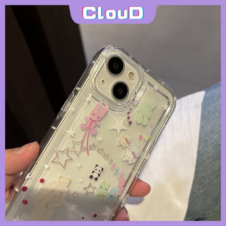 Ins Graffiti Clear Airbag Shockproof Case Kompatibel Untuk iPhone 7Plus 11 13 14 12 Pro Max XR 7 8 6s 6 Plus X XS Max SE 2020 Kartun Lucu Lovely Star Bear Soft Silicon TPU Cover