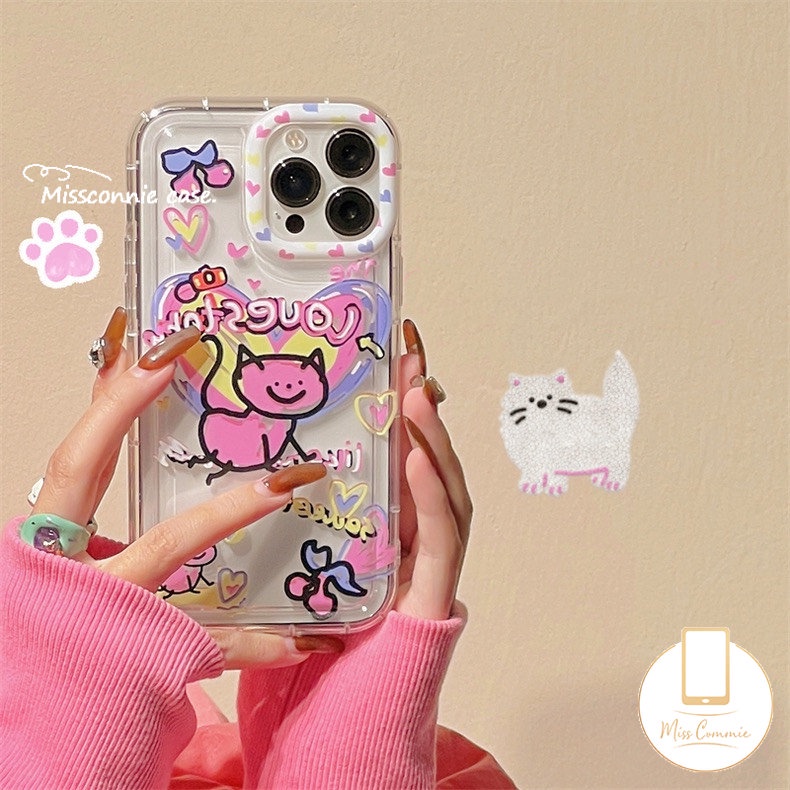 Ins Graffiti Cinta Hati Case Kompatibel Untuk iPhone 11 Pro Max7 6s 86 Plus XR 13 14 11 12 Pro Max X XS Max SE 2020 Lembut Tpu Kartun Kucing Airbag Shockproof Clear Phone Cover