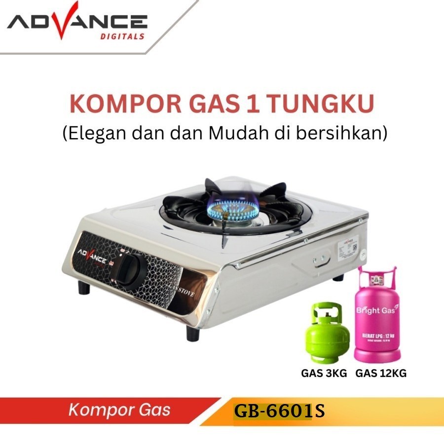 Kompor Gas 1 Tungku Advance GB-6601S Stainless FREE Plus Selang Regulator SNI BODI MEWAH ELEGAN MANTAP