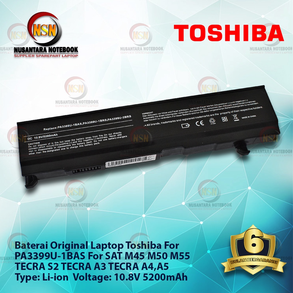 Baterai OEM Laptop Toshiba PA3399 M45 M50 TECRA Series 10.8V 5200mAh